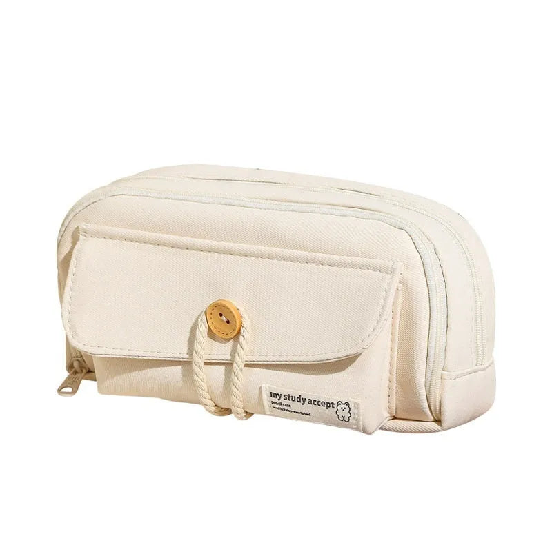 Green canvas pencil case with large capacity for 80 pens, Korean style stationery bag.