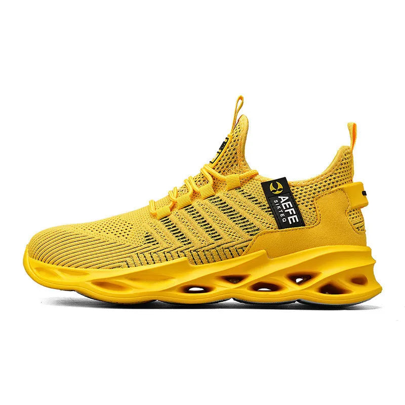 Men's mesh breathable casual running shoes with cross straps in black, green, and yellow, sizes 40-47