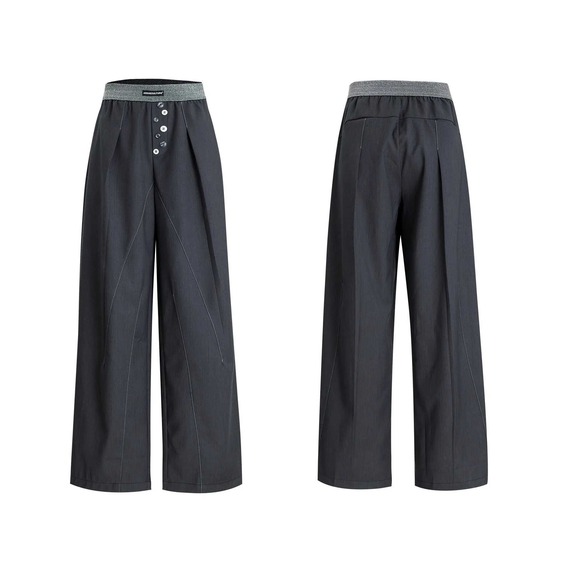 Men's high-waisted straight-leg casual trousers in black with button fly front, showing relaxed fit.