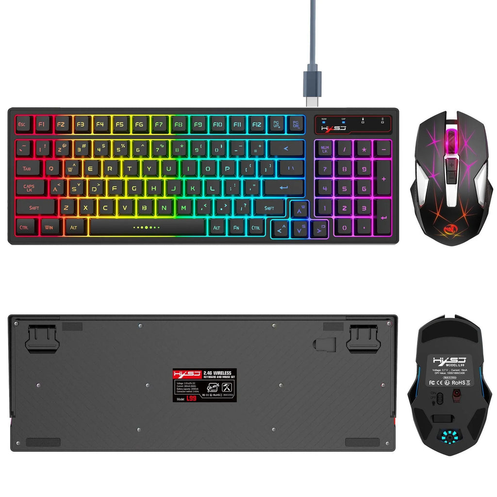 L99 2.4G wireless rechargeable keyboard and mouse set with RGB glow lighting and Type-C charging cable on desk