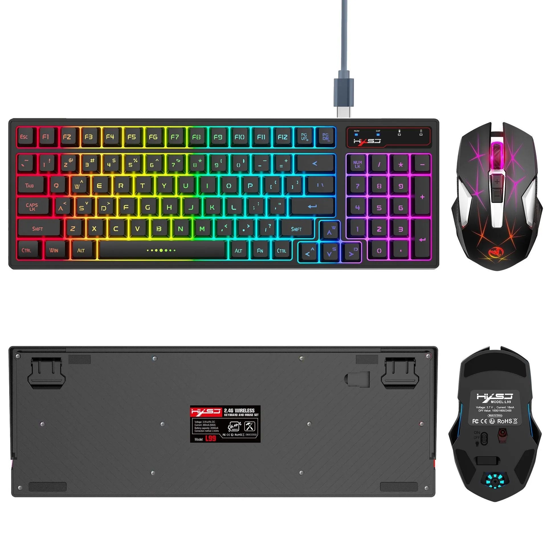 L99 2.4G wireless rechargeable keyboard and mouse set with RGB glow lighting and Type-C charging cable on desk