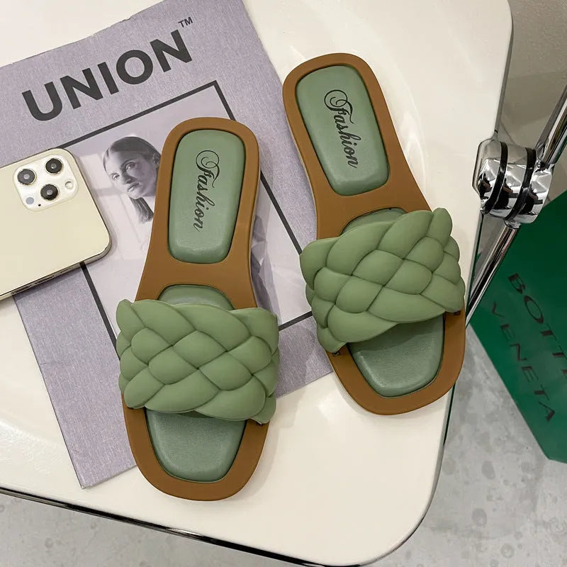 Women's plaid pattern beach sandals with thick anti-skid PVC sole, shown in white, green, orange, and black colours.