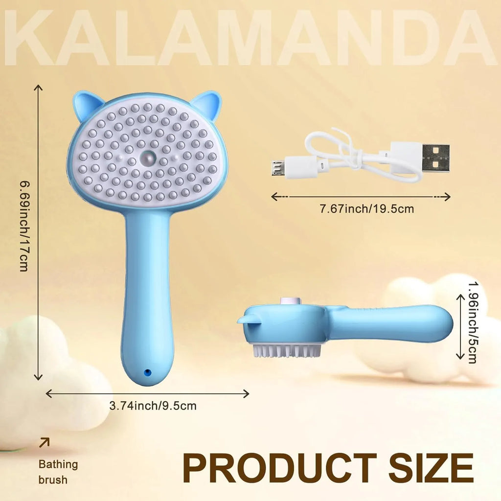 Blue cat steam brush with ergonomic handle, soft rubber teeth, and release button for pet grooming