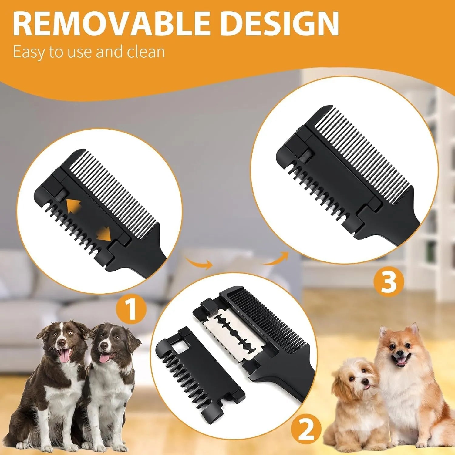 Razor comb for dogs and cats showing comb teeth and trimming blade, with pack of 10 spare blades.