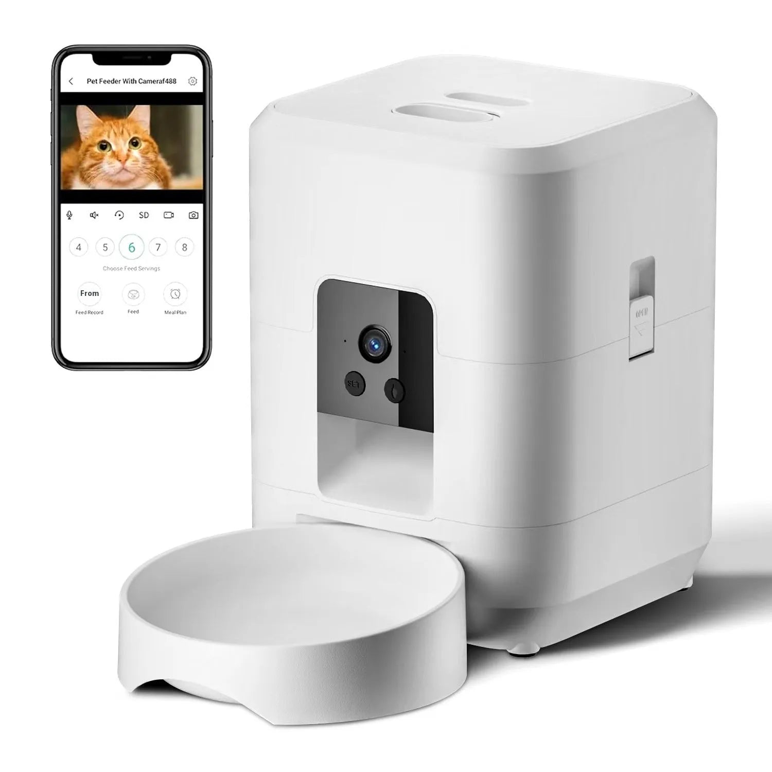 Automatic cat feeder in white or black with programmable timing and remote control options