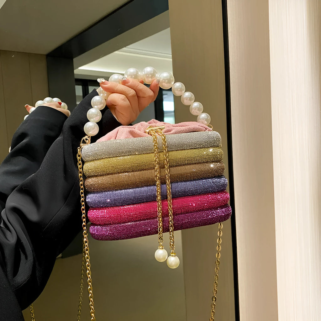 Round women's crossbody bag with pearl beading in European retro style