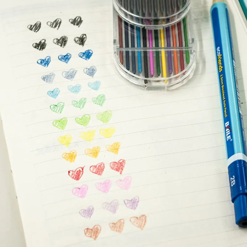 12-pack of 2.0mm automatic lead refills in black and multicolour, PP material, for student drawing and writing