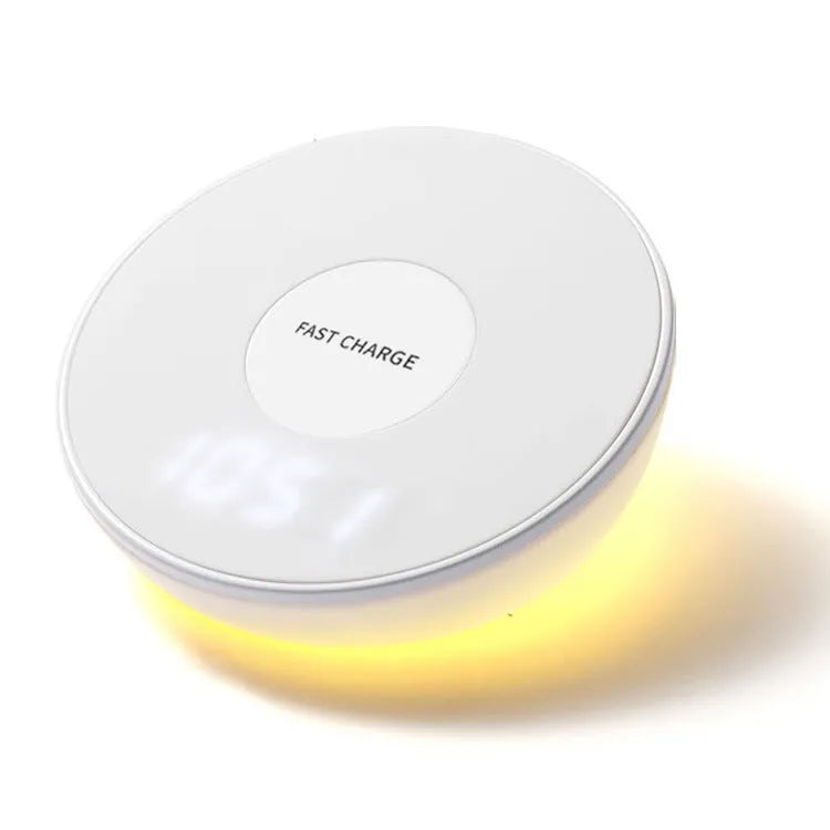 White 10W QI wireless charger with clock display and control buttons