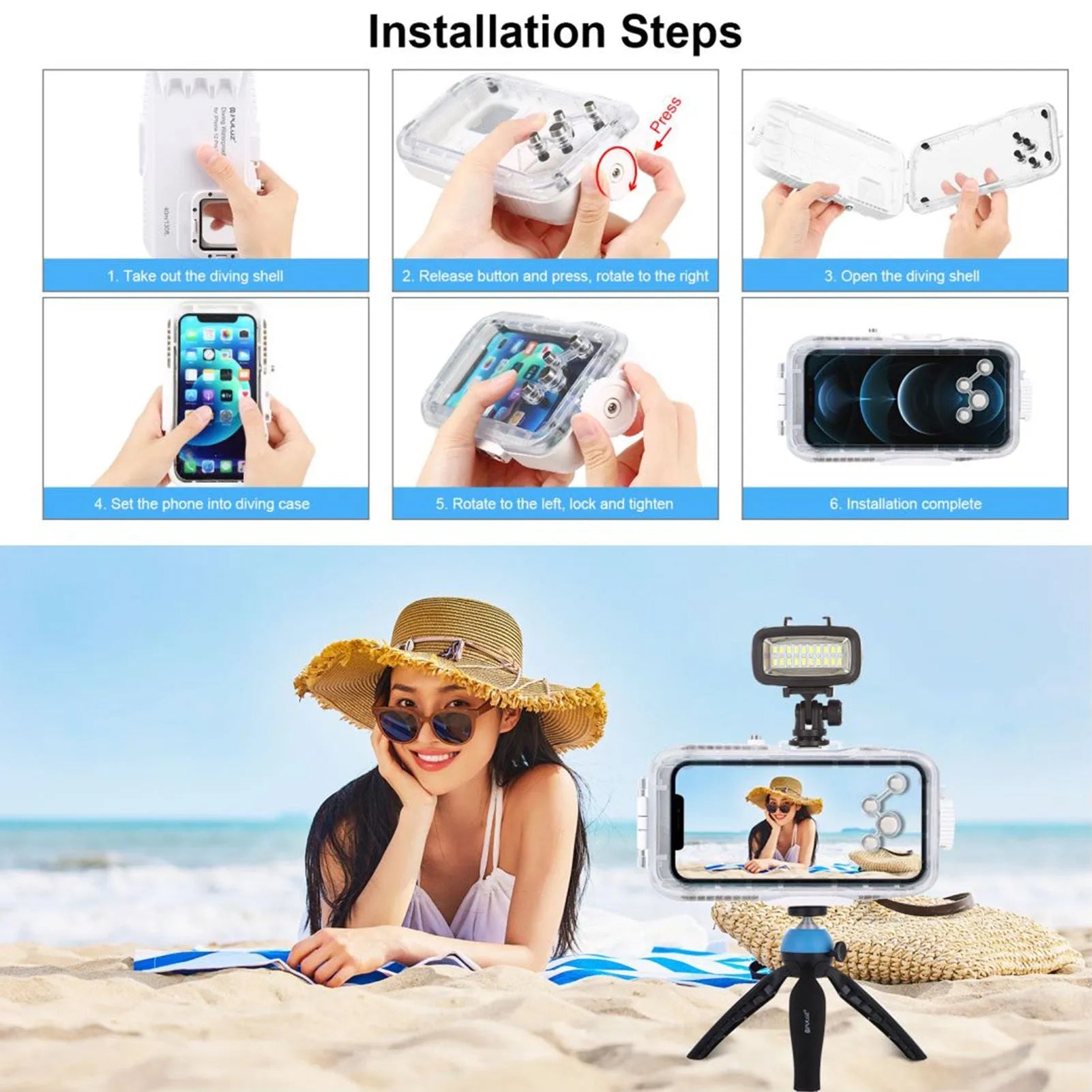 White waterproof diving phone case with 40 metre depth rating for iPhone 12 and 13 series