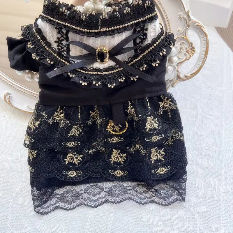 Golden gothic princess-style polyester skirt for cats and dogs showing detailed sizing options
