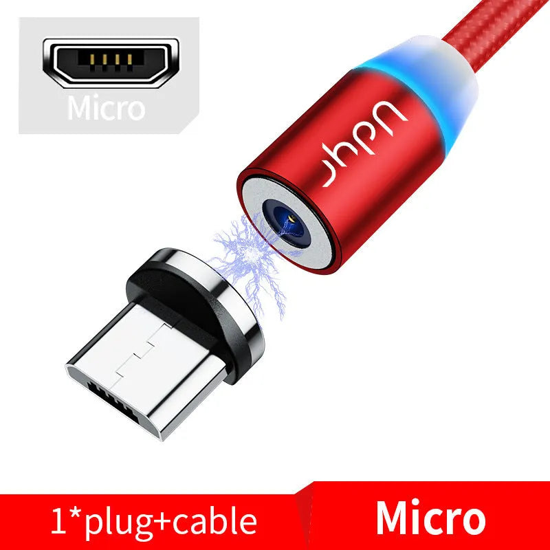 Magnetic charging cable with interchangeable USB-C, Apple and Android heads in black, red or silver colours