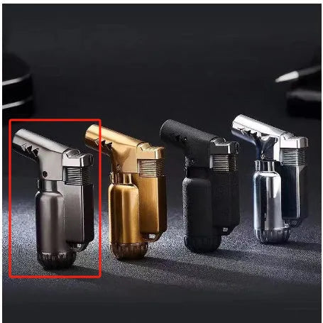 HB805-1 full metal windproof lighter in black, gold, grey, or silver finish showing punch action mechanism.