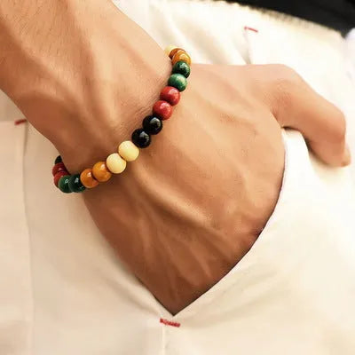 Natural lava stone beaded bracelet with ethnic style on a wrist.