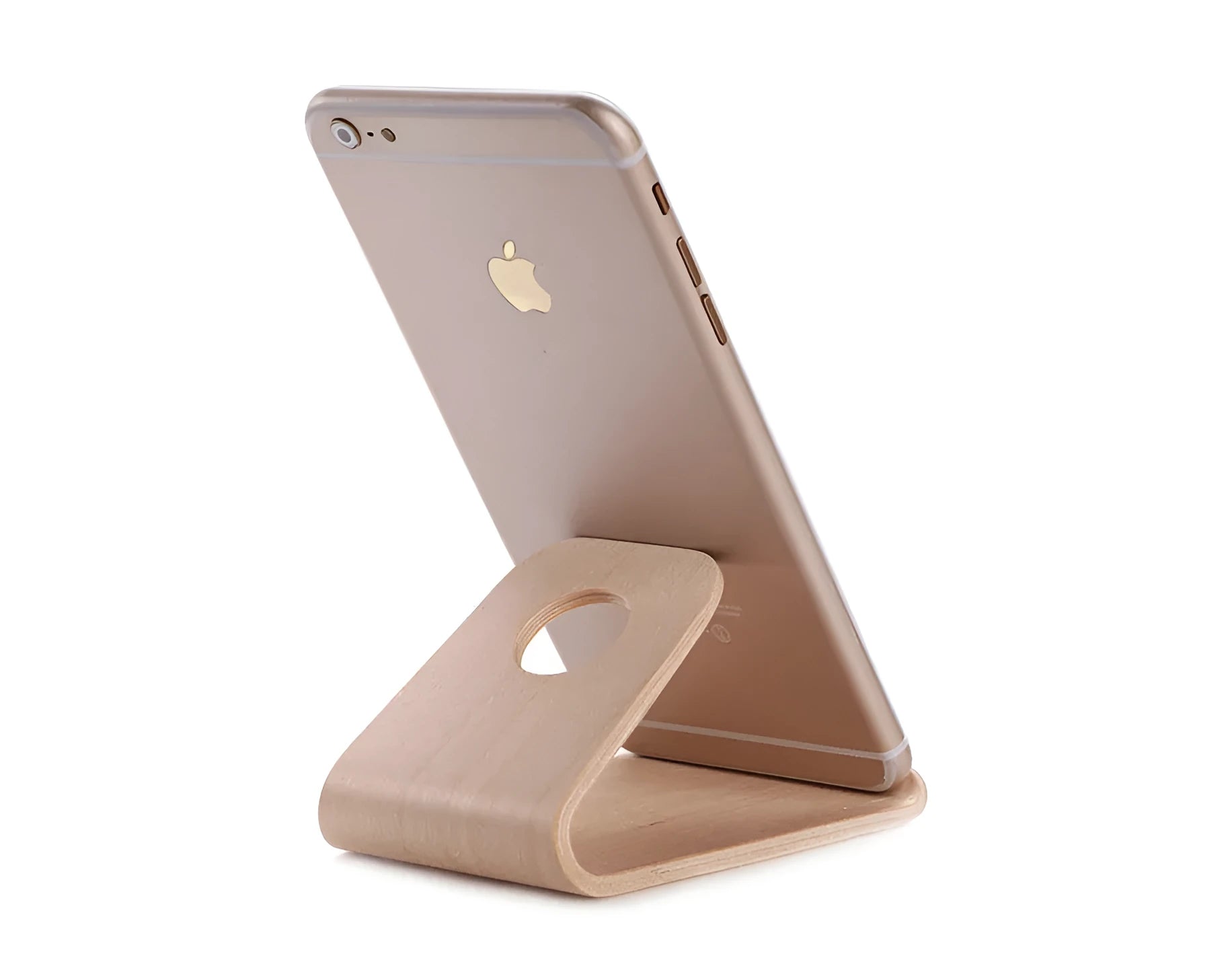 Wooden desk stand holding an iPhone, shown in walnut and white maple wood finishes.