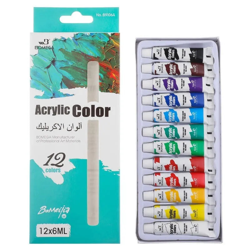 Set of artist paint tubes in acrylic, gouache, watercolour, and oil paints, showing 12 colour options per medium.