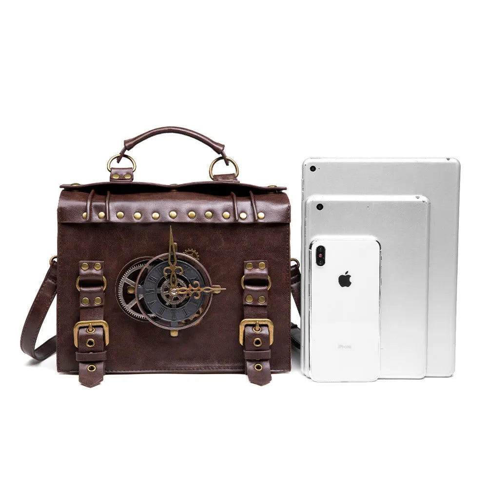 Bronze steampunk industrial retro style shoulder bag with metal hardware