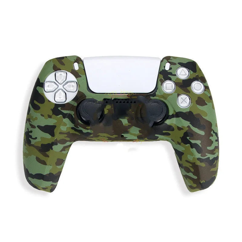 Camouflage silicone case fitted on a PS5 controller handle showing textured surface and snug fit