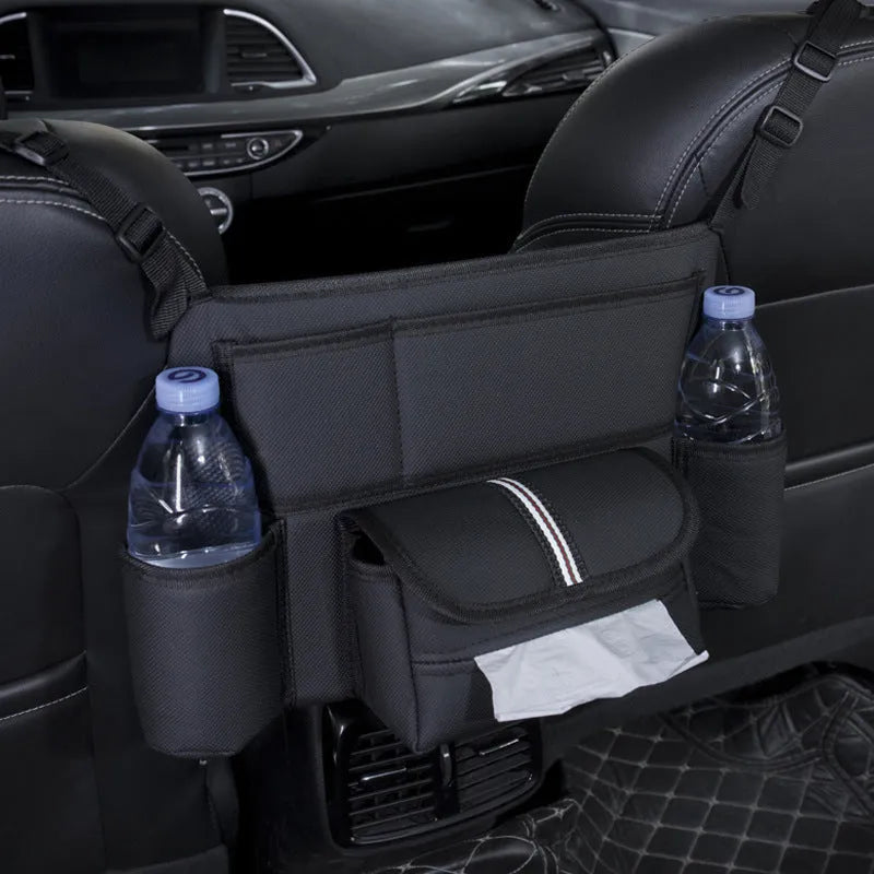 Black leather car seat hanging storage bag with tissue box between car armrests