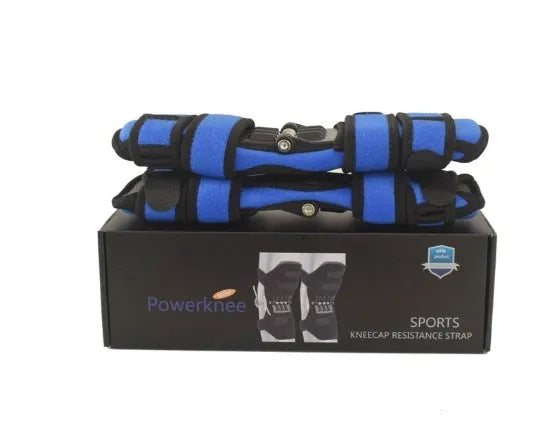 Black spring knee brace with adjustable straps on a grey background