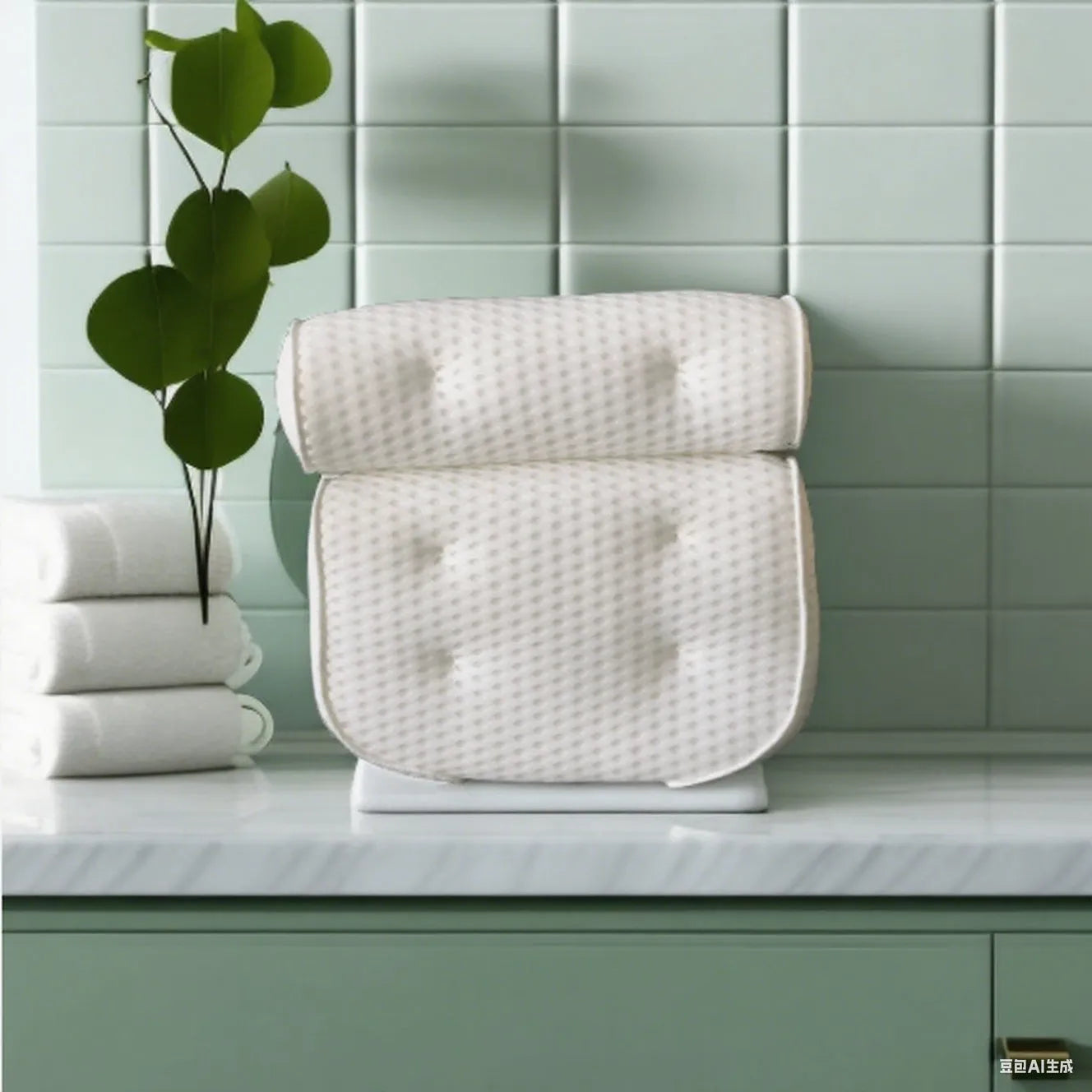 White bathtub pillow with mesh fabric and suction cups on a bath mat.