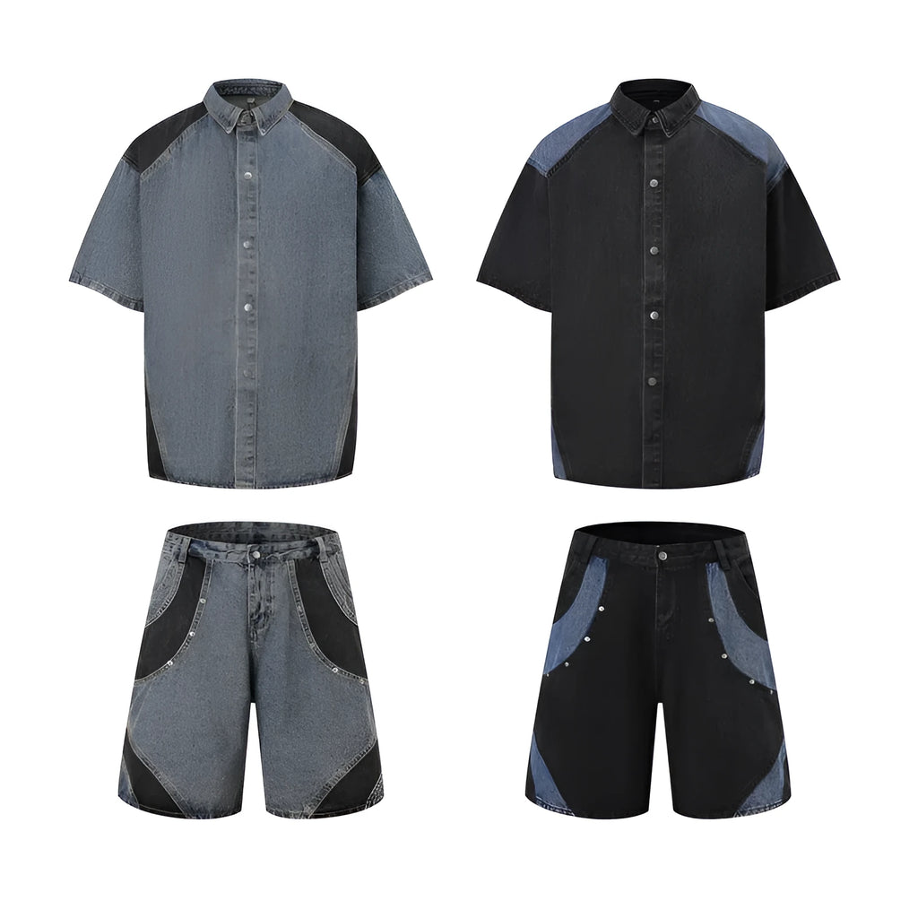 Retro washed blue denim short sleeve jacket and matching trousers co-ordinated suit set.