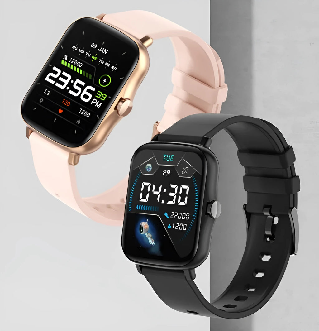 Black smart watch with 1.7-inch colour touch screen on adjustable strap, showing fitness tracking interface.