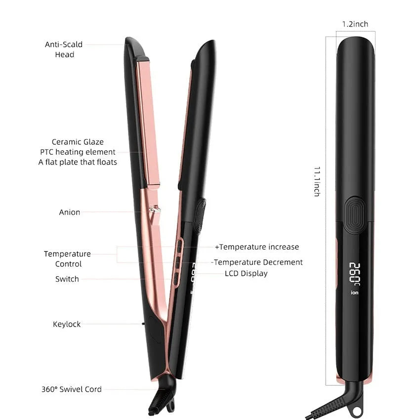 White ceramic hair straightener with temperature display showing 207°C setting