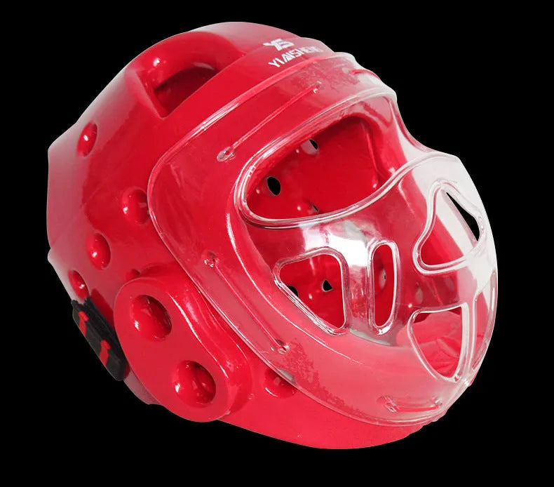 Karate protective helmet in white, blue, or red colour available in S, M, L, XL sizes for martial arts training
