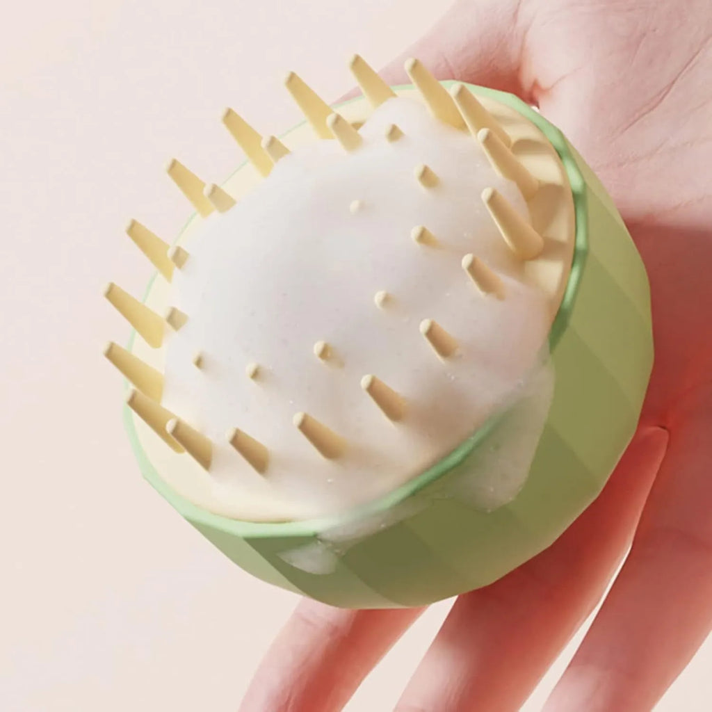 Green pet bath brush with silicone bristles for washing, massaging and removing hair during pet bath time