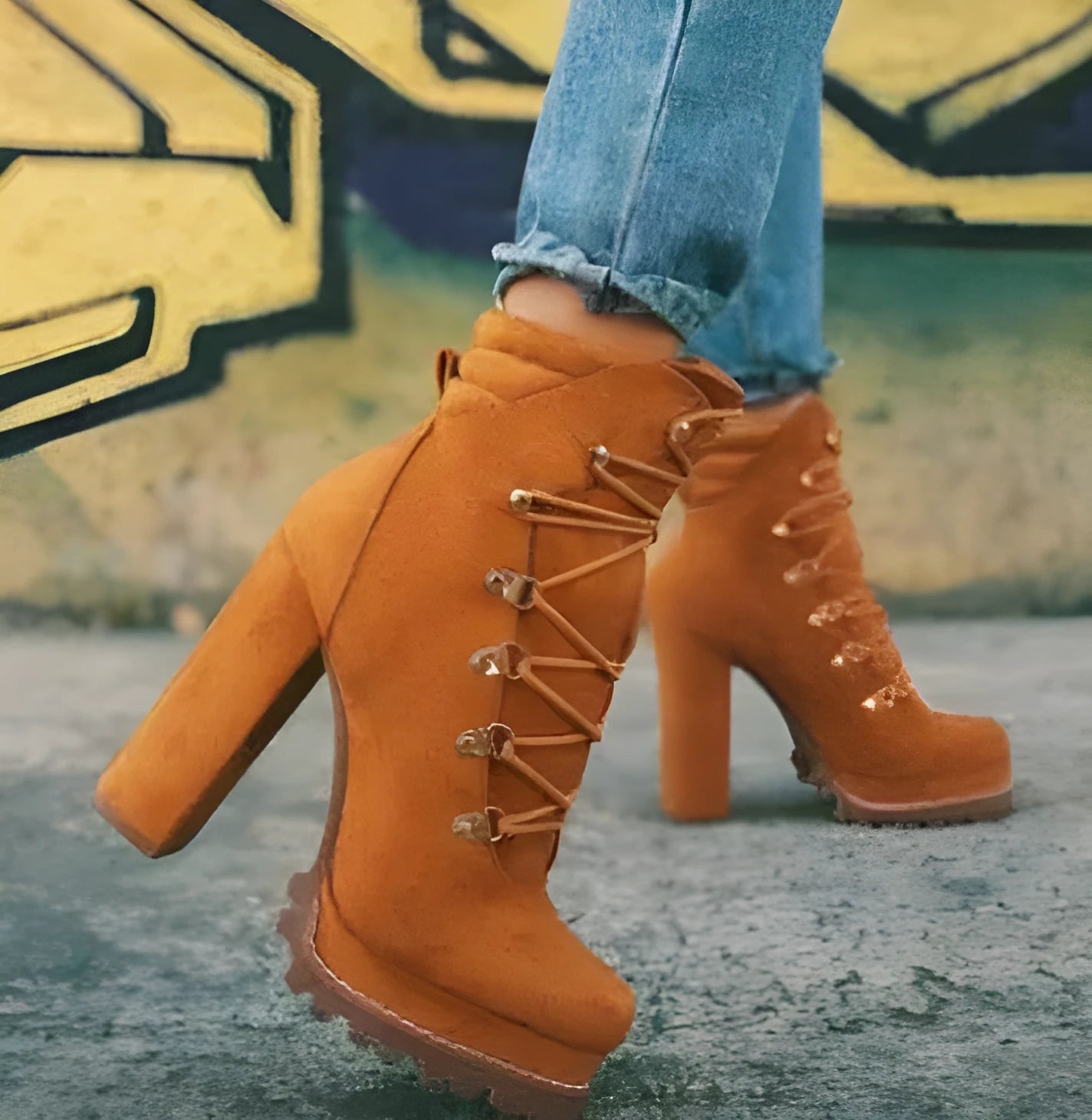 Women's suede Roman boots with thick high heel above 8cm in army green colour with rivet and buckle details