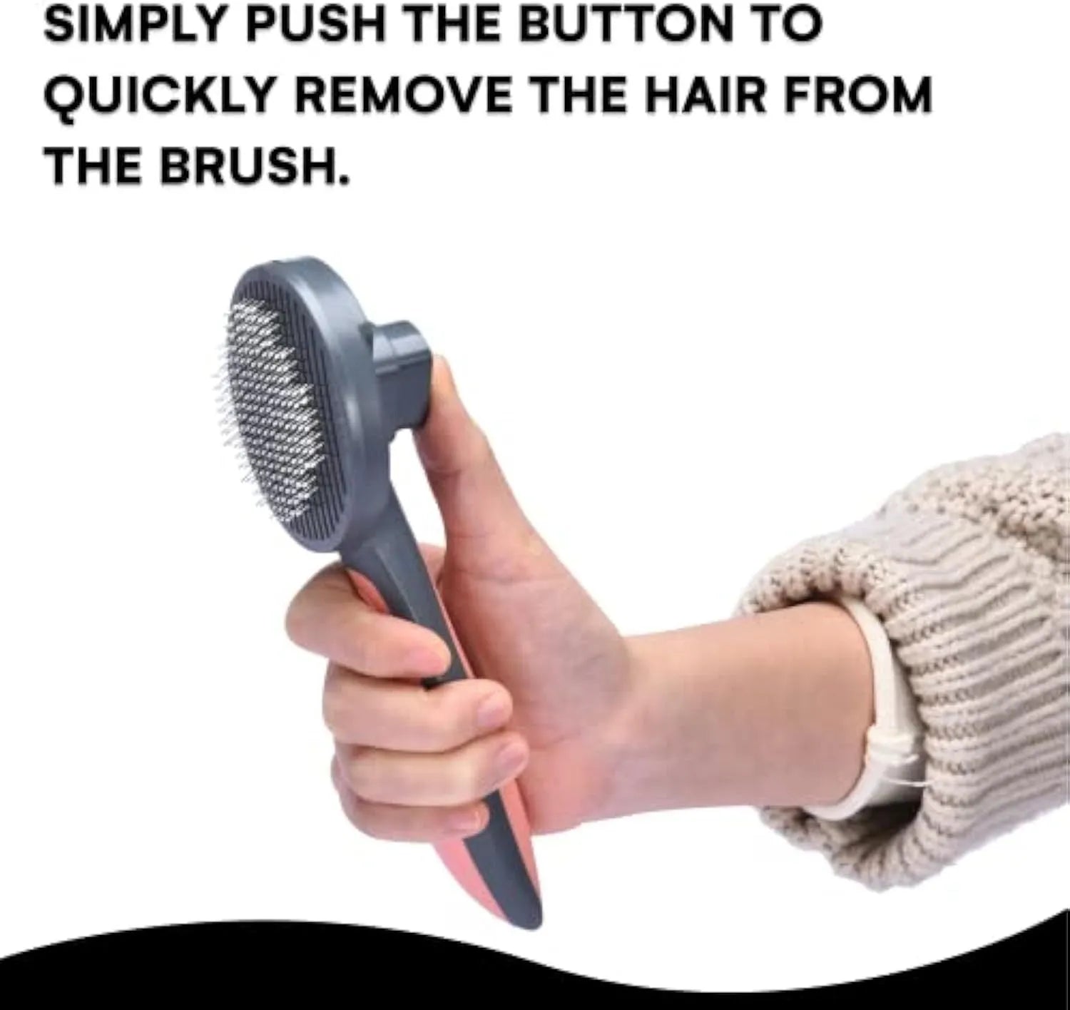 Self-cleaning slicker brush for pets in grey, green, or pink with comfort-grip handle and massage-tip bristles