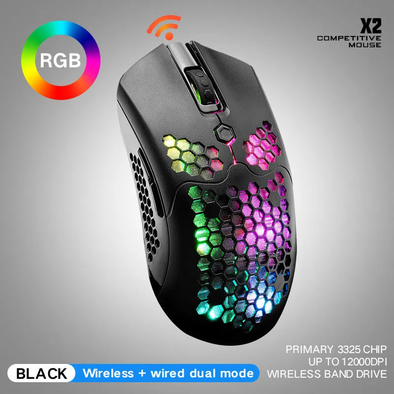 Free Wolf X2 wireless gaming mouse in black with RGB lighting, showing ergonomic shape and side buttons.