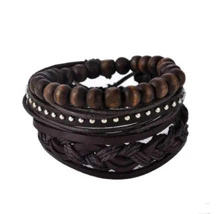 Handmade adjustable leather bracelet with wooden beads and multi-layer wrap design