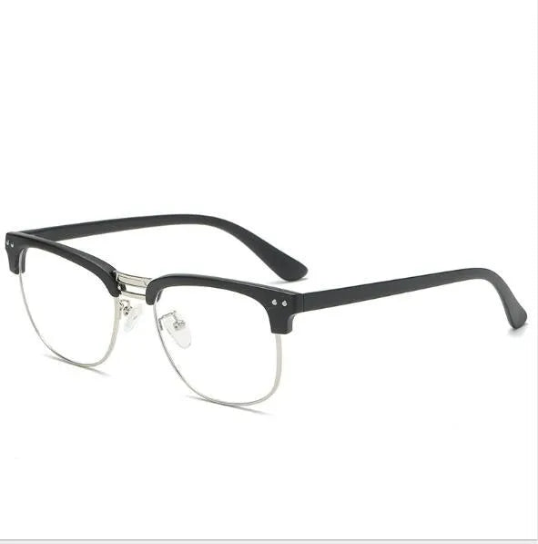 TR90 anti-blue light glasses, unisex vintage full frame, bright black colour option, non-prescription blue-light filtering lenses on a plain background