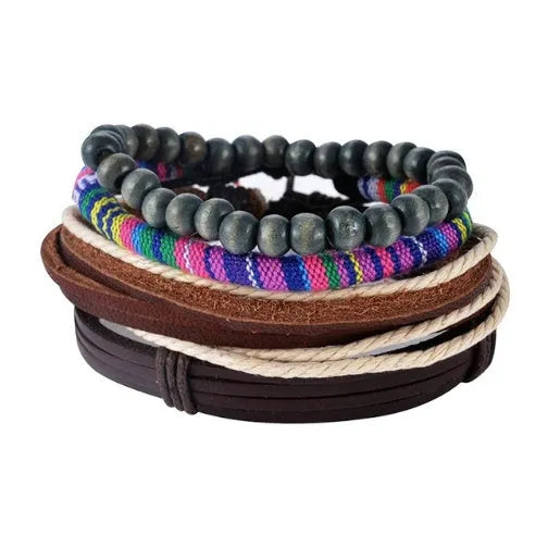 Handmade adjustable leather bracelet with wooden beads and multi-layer wrap design