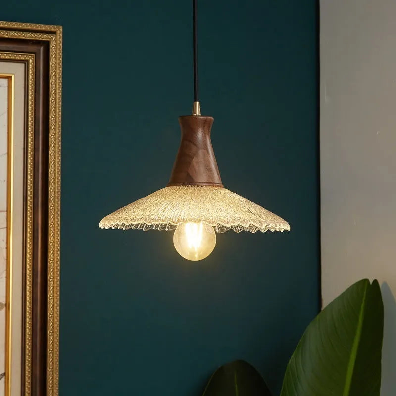 Wooden ceiling chandelier with glass shade and brass electroplating for restaurant lighting