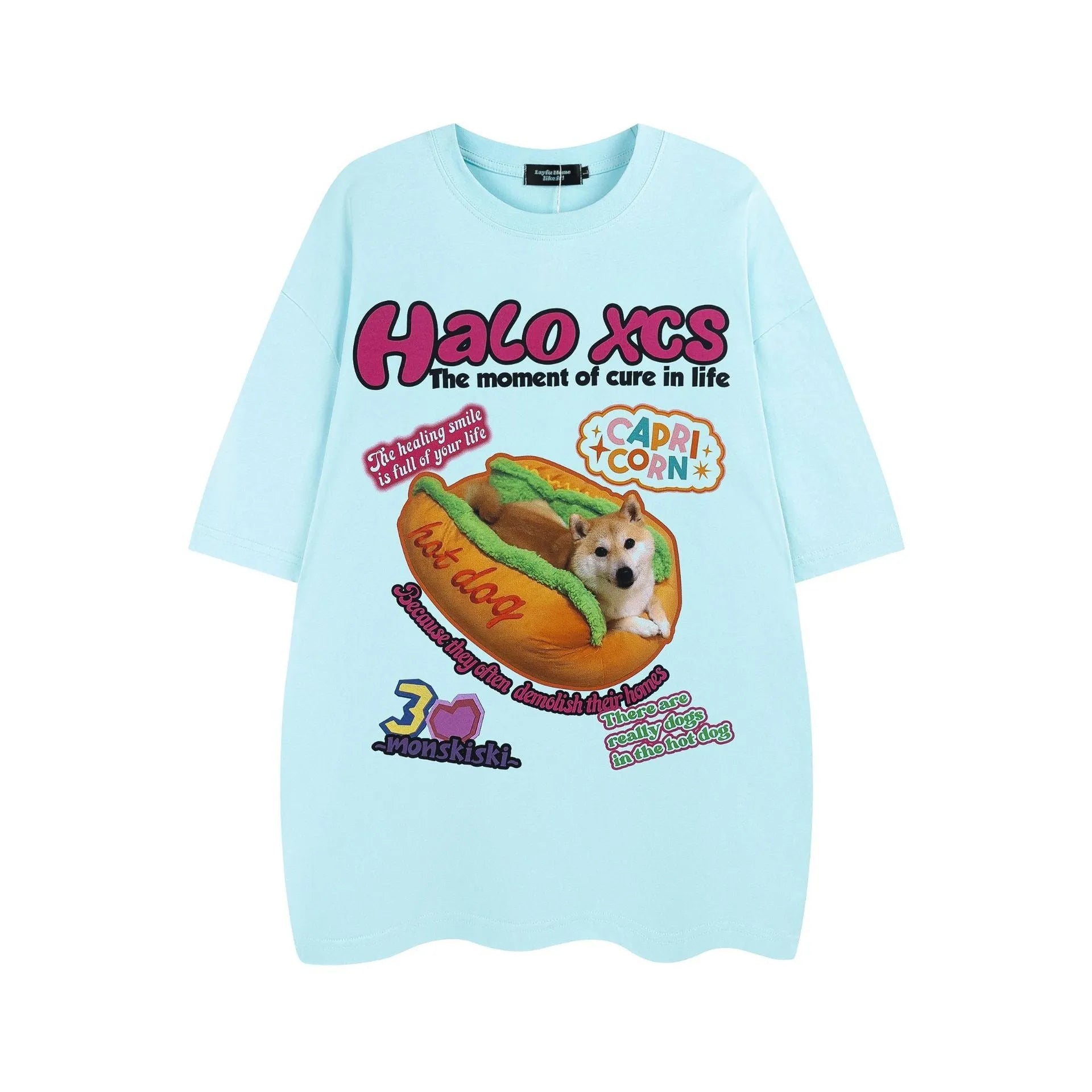 Cartoon hamburger dog printed loose-fit cotton t-shirt in apricot on a model.