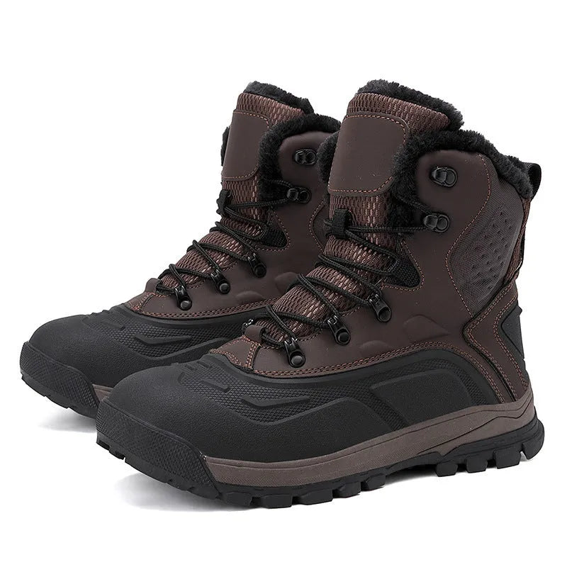 Men's black fleece-lined high-top boots with flat heel and lace-up front.