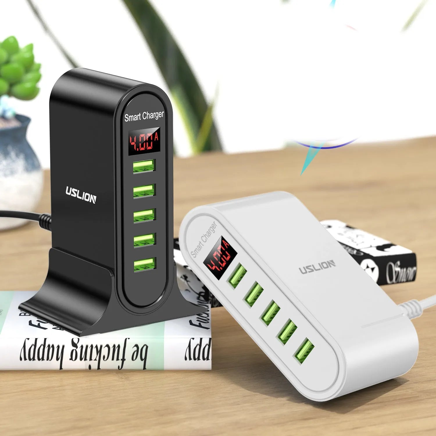 USB wall charger with LED digital display showing voltage readings, available in black and white with different plug types