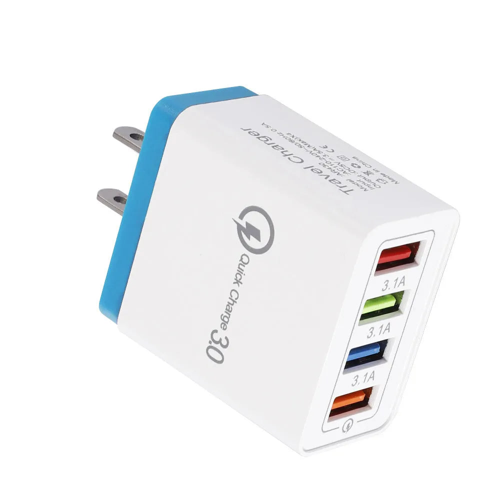 Luminous 4-port USB mobile phone charger in multiple colours with EU and US plug options on a white background.