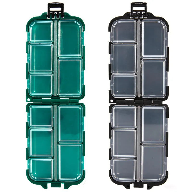 Plastic fishing tackle storage box with 10 compartments in black, green, or blue colours