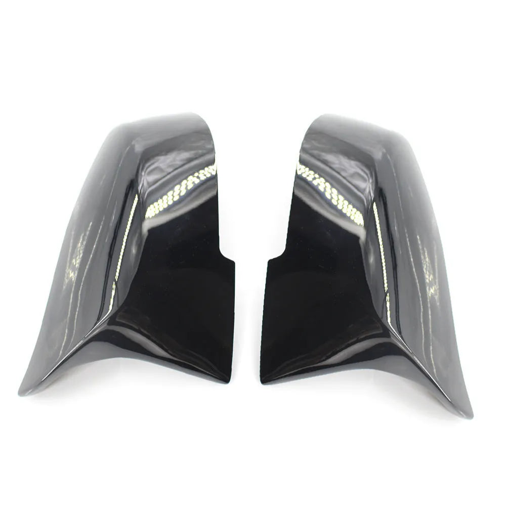 Pair of dark bright black BMW horn-style rear-view mirror replacement shells.