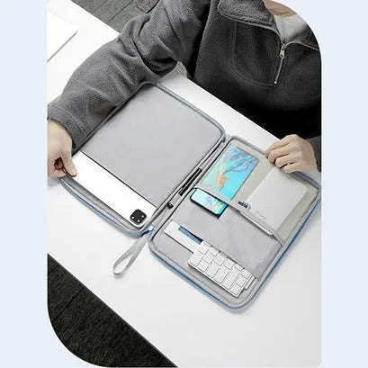 Imitation leather tablet protective case in light grey, shown fitting a 10.9-inch tablet.
