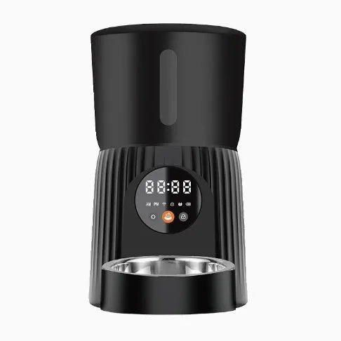 Black intelligent pet feeder with digital display and food container for automatic timed feeding