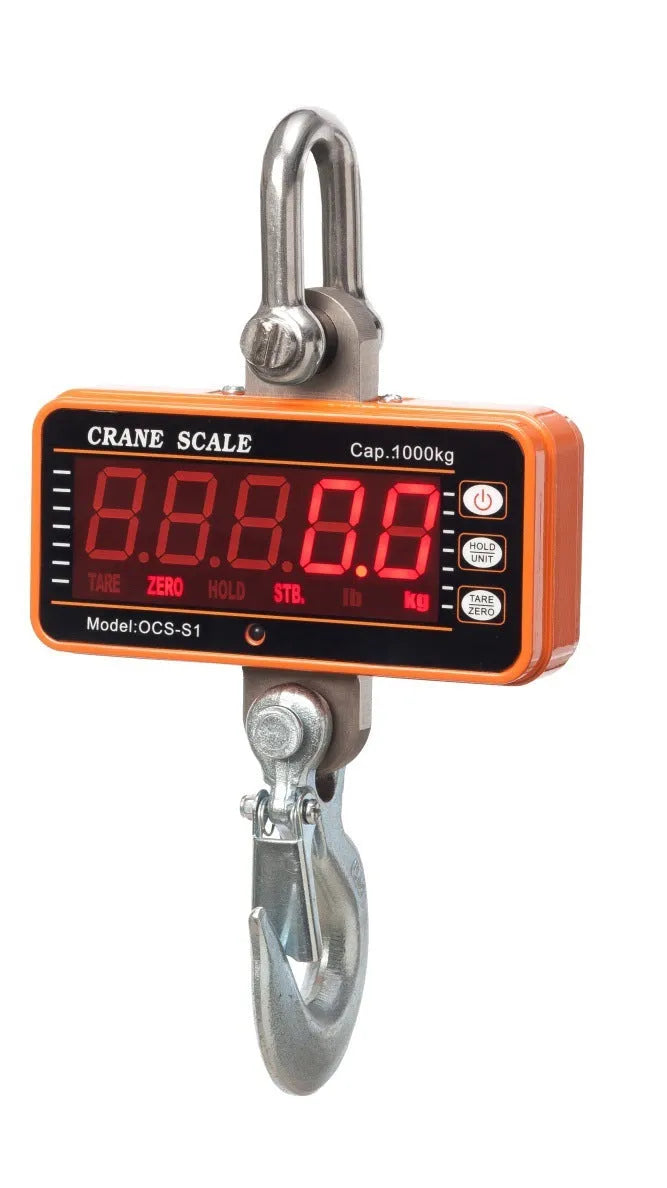Orange electronic crane scale with digital display, shown with a 500 kg maximum load capacity rating.