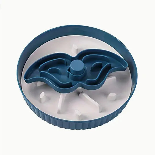Pet slow feeder bowl with rotating game board and removable silicone licking mat in blue.