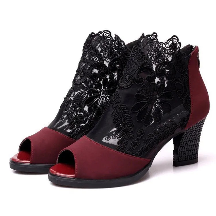 Lucyever women's black lace gladiator sandals with a square high heel, peep toe, and zip closure