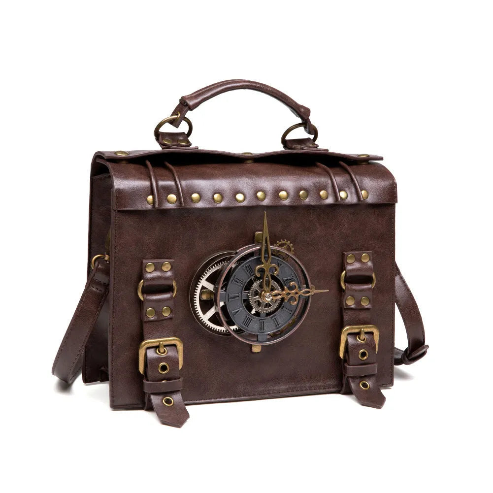 Bronze steampunk industrial retro style shoulder bag with metal hardware