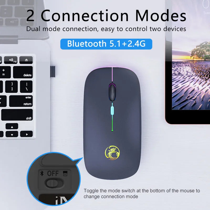 Dual-mode wireless silent mouse with luminous charging indicator in black or white colour options