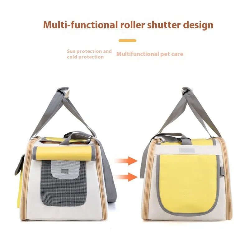 Foldable single shoulder canvas pet backpack shown in yellow, suitable for carrying cats or small dogs.